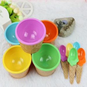 Plastic Children Ice Cream Waffle Cone Bowls Spoon...