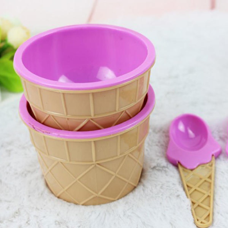 Plastic Children Ice Cream Waffle Cone Bowls Spoons Cups Set Creative Bar Tools Freezer Accessories