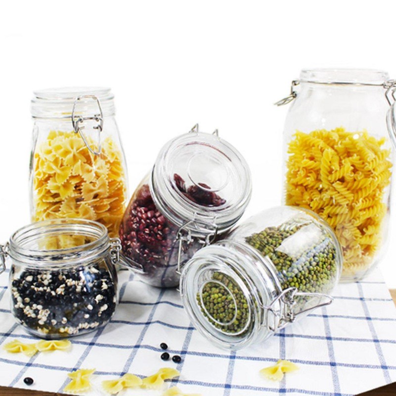 Round Glass Clear Jam Spices Sauce Food Storage Preserve Canisters Clip Top Jars