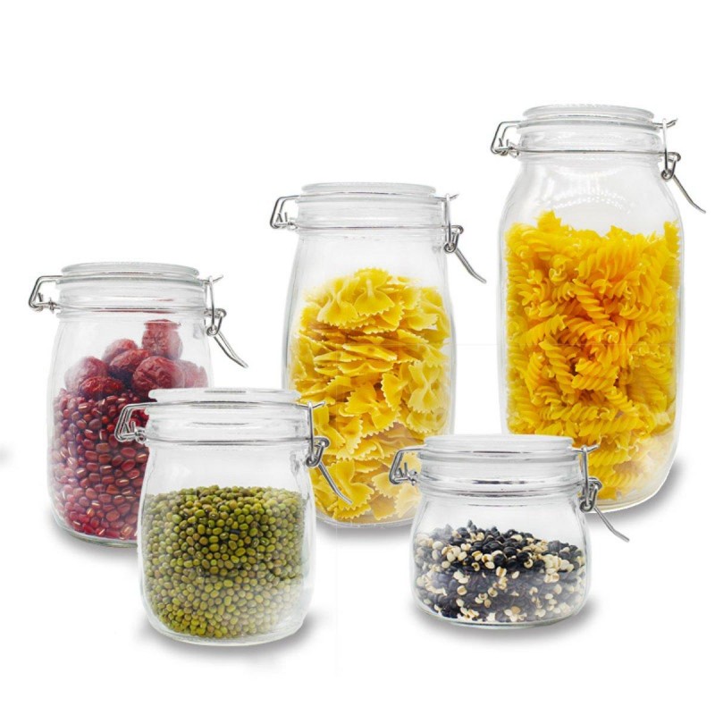 Round Glass Clear Jam Spices Sauce Food Storage Preserve Canisters Clip Top Jars