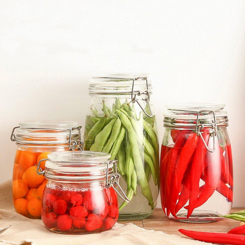 Round Glass Clear Jam Spices Sauce Food Storage Preserve Canisters Clip Top Jars