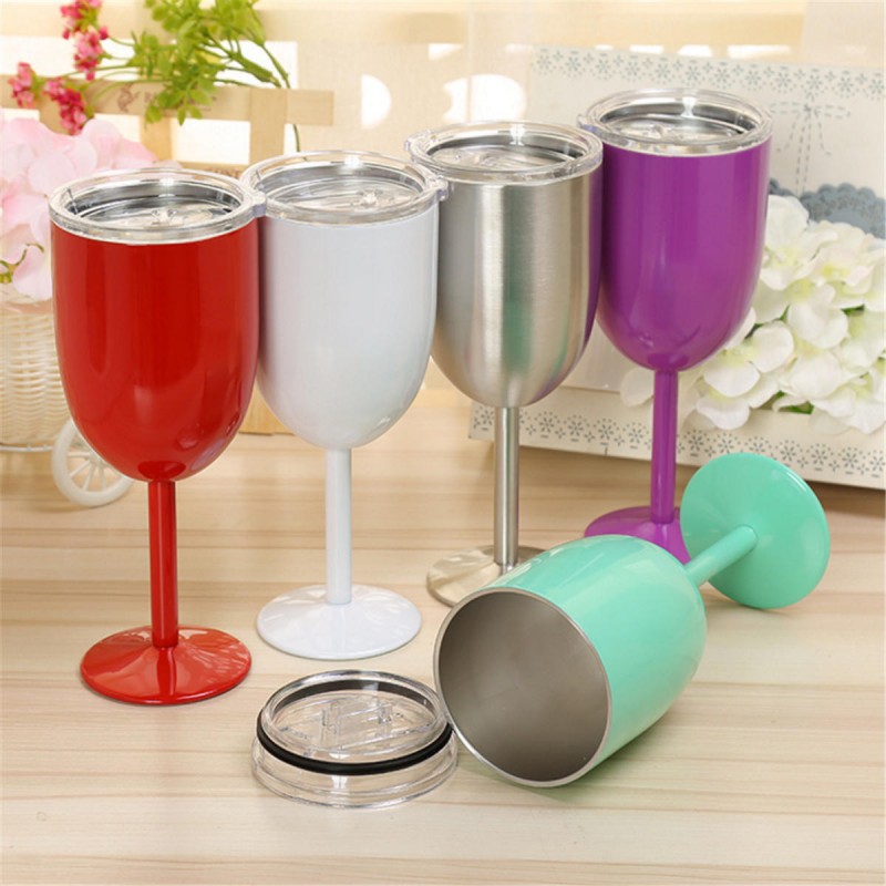 10oz Cocktail Tumbler Wine Cup Stainless Steel Metal Goblet Mug With Lid Party