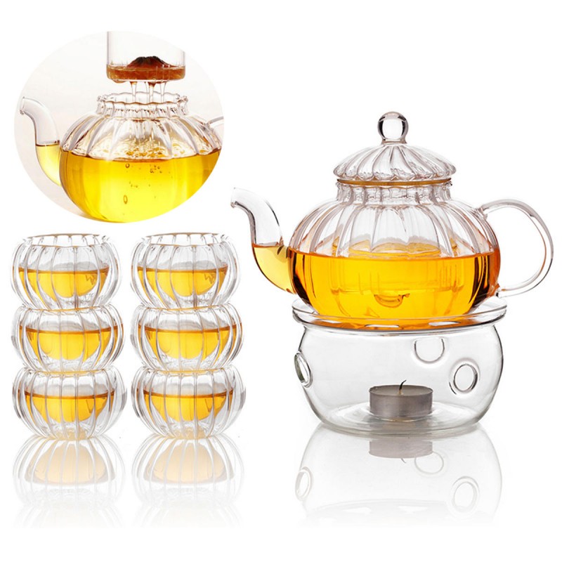 600ml 6 Cups Tealight Warmer Clear Pumpkin Tea Glass Pot Set Infuser Coffee Pot