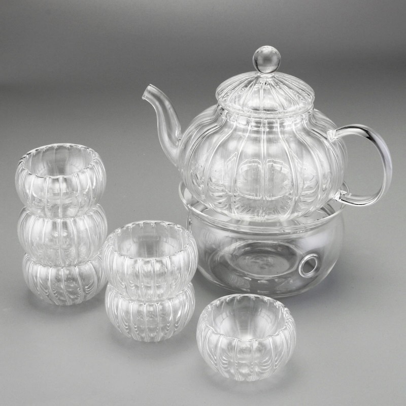 600ml 6 Cups Tealight Warmer Clear Pumpkin Tea Glass Pot Set Infuser Coffee Pot