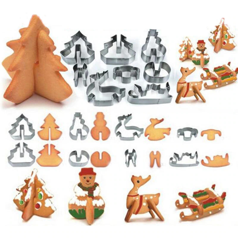 8PCS 3D Christmas Scenario Cookie Cutter Mold Set Stainless Steel Fondant Cake Mould