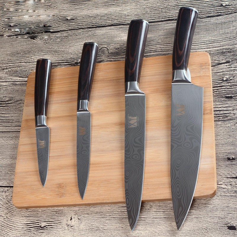 4Pcs XYj Kitchen 7Cr17 Utility Chef Slicing Stainless Steel Knife Set Paring Utility Chef Slicing Knife Color Wood Handle Cooking Knives Kitchenware