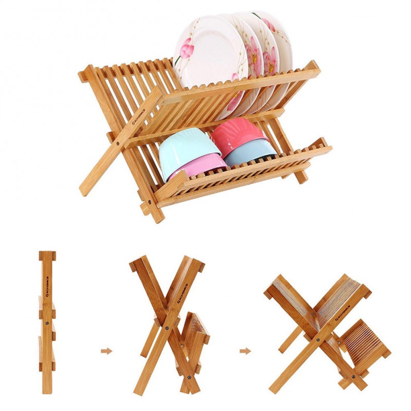 Foldable Bamboo Dish Drying Rack Plate Bowl Drainer Kitchen Storage Rack Organizer Holder 16 Grids Kitchen Tools