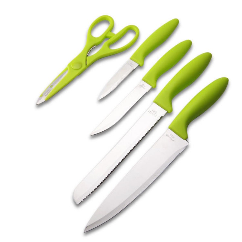 KF-3 6 Pieces Kitchen Multifunctional Green Stainless Steel Easy Cutting Knifes Scissor PP Cutting Board Knife Sets