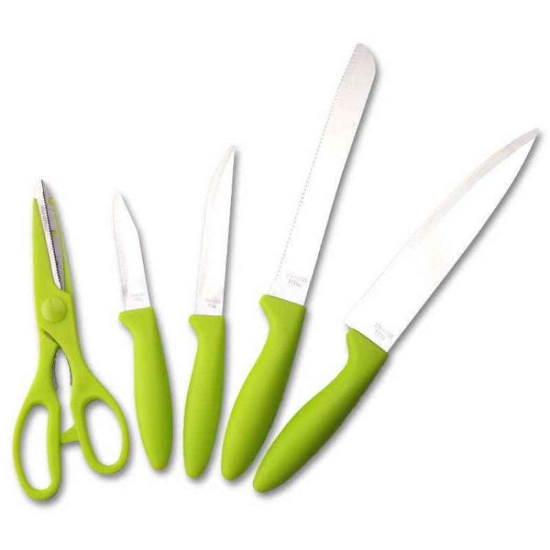 KF-3 6 Pieces Kitchen Multifunctional Green Stainless Steel Easy Cutting Knifes Scissor PP Cutting Board Knife Sets