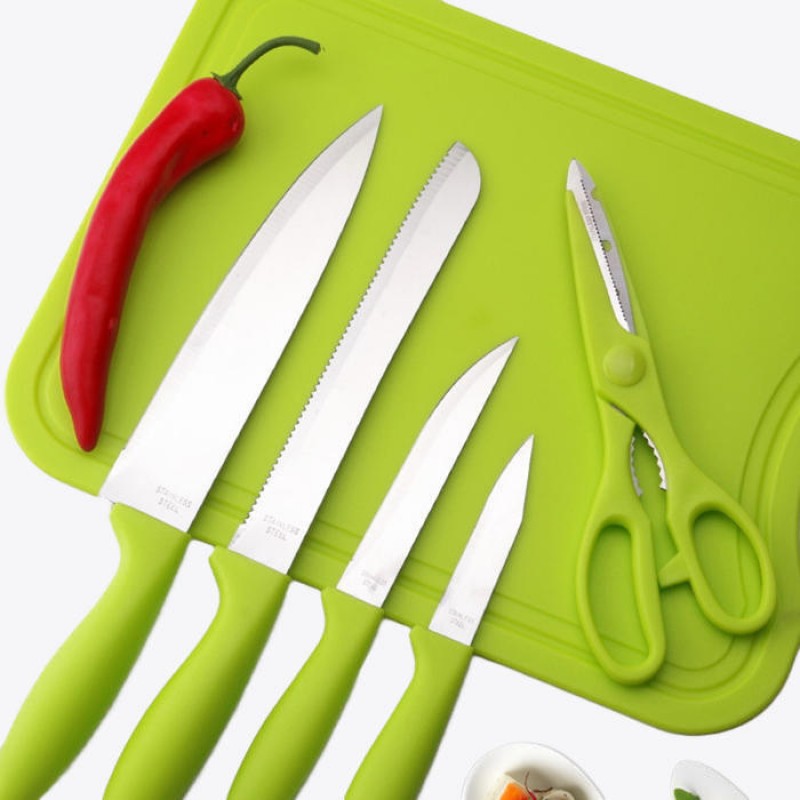 KF-3 6 Pieces Kitchen Multifunctional Green Stainless Steel Easy Cutting Knifes Scissor PP Cutting Board Knife Sets