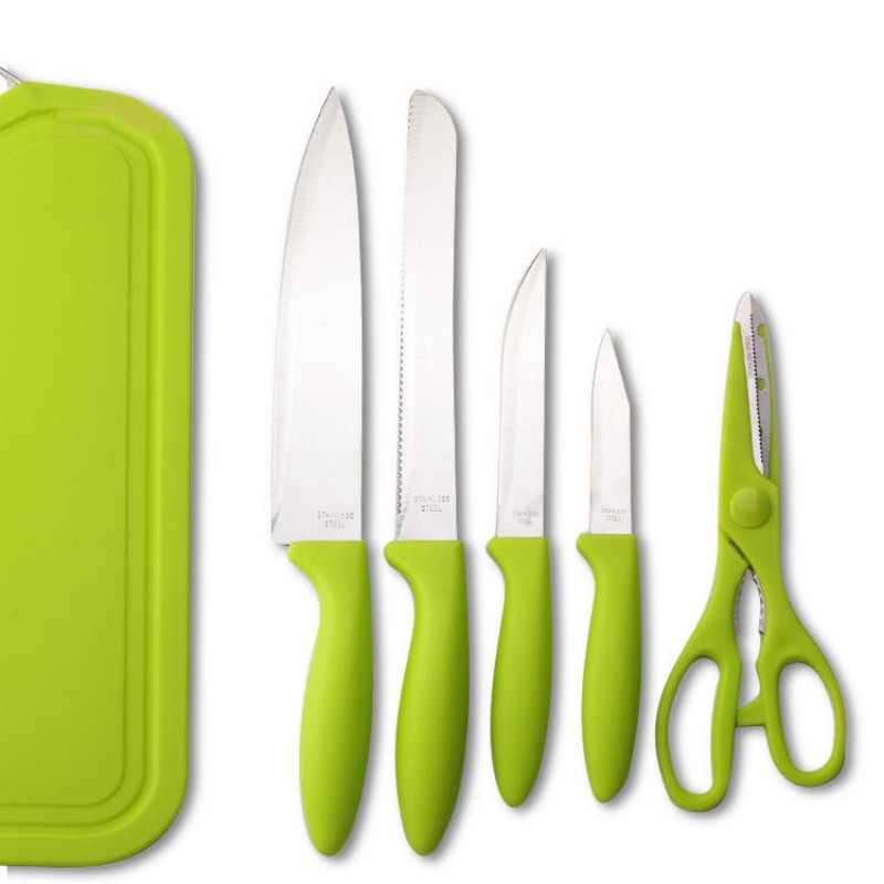 KF-3 6 Pieces Kitchen Multifunctional Green Stainless Steel Easy Cutting Knifes Scissor PP Cutting Board Knife Sets