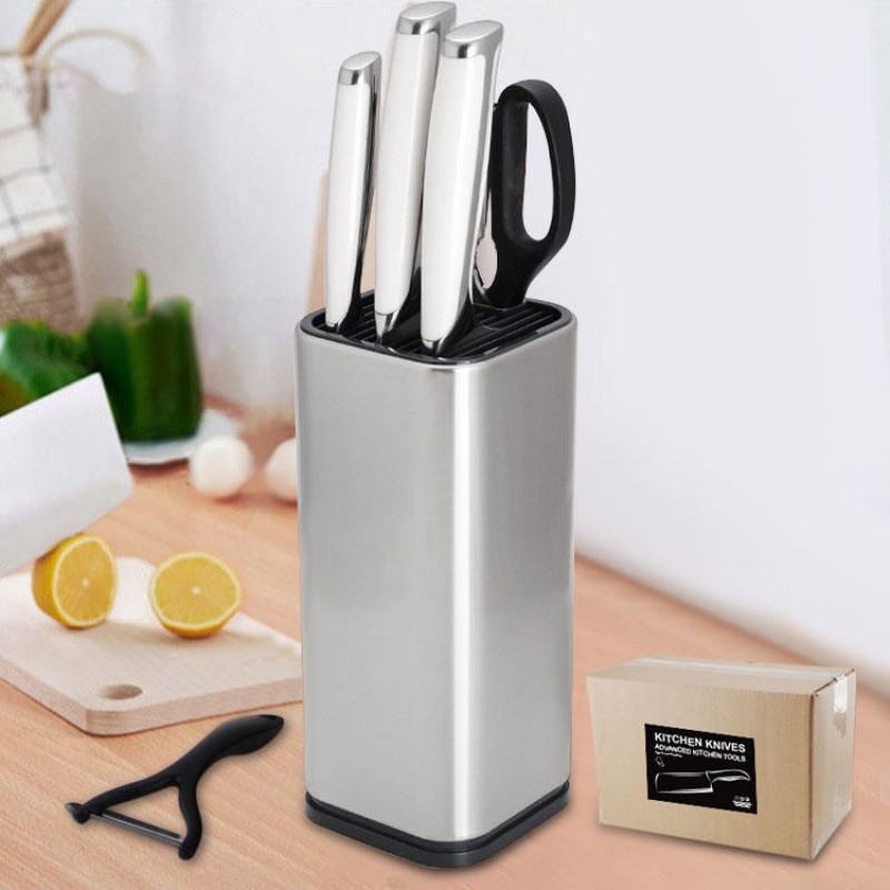 KF-8 6 Pieces Kitchen Multifunctional Stainless Steel Effort Saving Knife Scissor Peeler Slicer Knife Rest Knife Set