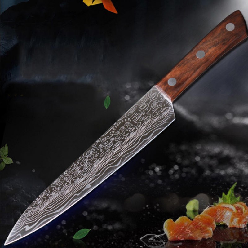 9 Inch Damascus High Chrome Stainless Steel Knife Large Wave Pattern Color Wood Handle