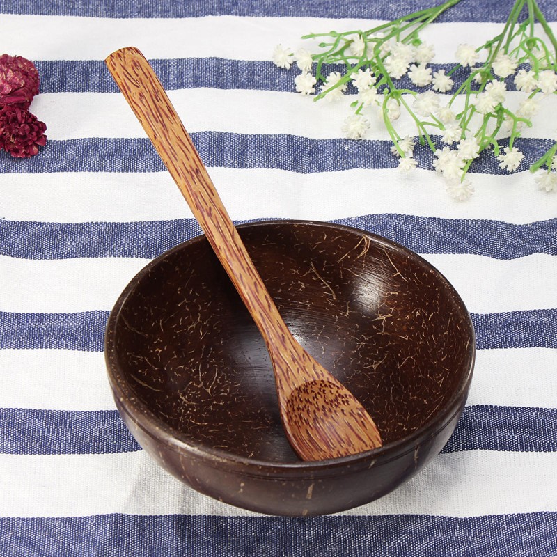 Natural Coconut Shell Bowl and Spoon Handmade Handcraft Carved Tableware Gift Rice Bowl