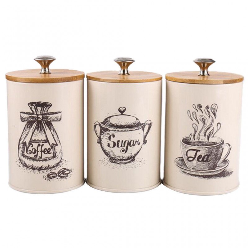 3Pcs Retro Tea Coffee Sugar Canisters Jars Pots Tins Kitchen Storage Container