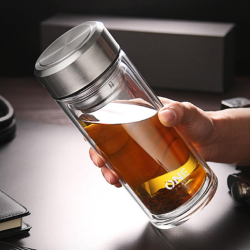 Large Glass Juice Water Bottle Double Walled Tea Infuser Mug With Travel Sleeve