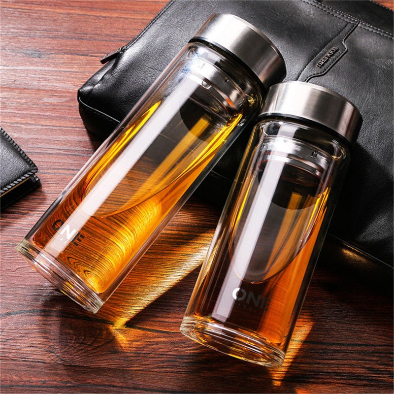 Large Glass Juice Water Bottle Double Walled Tea Infuser Mug With Travel Sleeve